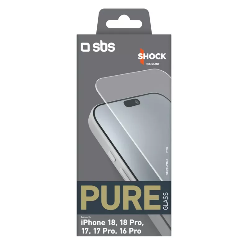 sbs mobile Protector de cristal templado SBS Pure Glass para iPhone 18 / 18 Pro / 17 / 17 Pro / 16 Pro (1 ud.)