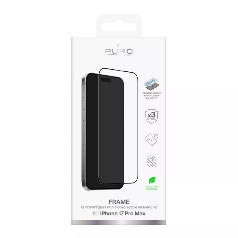 Cristal templado PURO Frame para iPhone 17 Pro Max con aplicador y marco negro