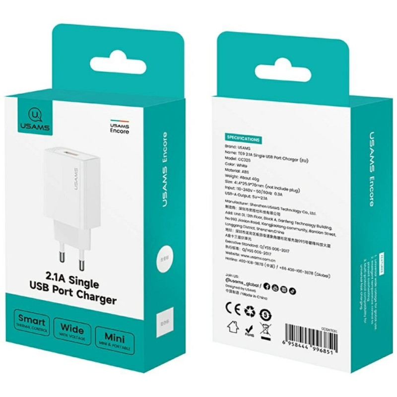 Cargador de pared USAMS CC326 T69 USB-A, 10,5 W, 2,1 A, blanco