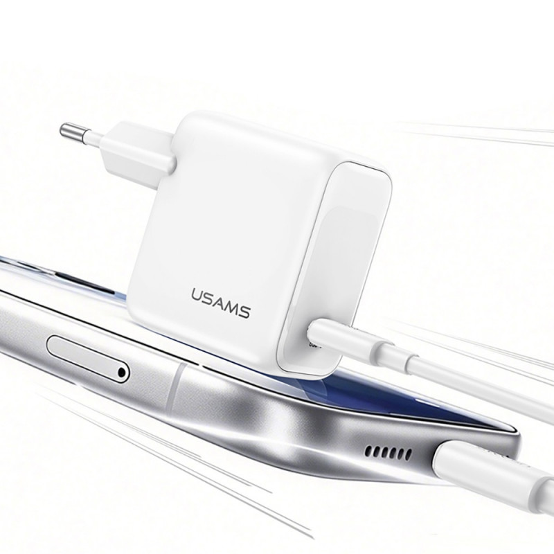 Cargador de pared USAMS CC339 T76 GaN USB-C de 45W con cable USB-C a USB-C SJ711 (1 m), blanco