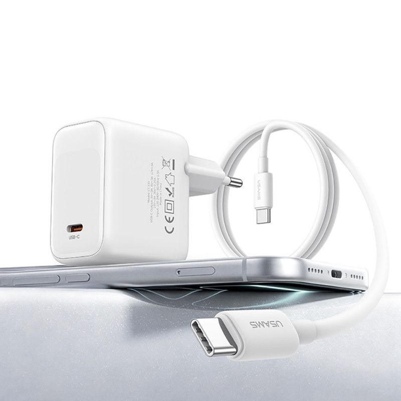 Cargador de pared USAMS CC339 T76 GaN USB-C de 45W con cable USB-C a USB-C SJ711 (1 m), blanco