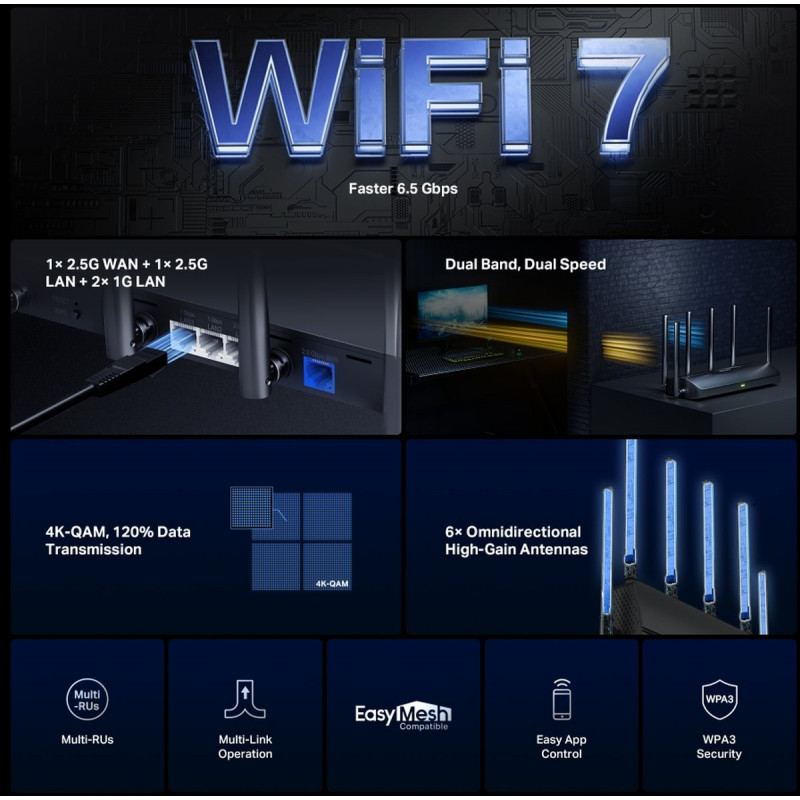 Router Wi-Fi 7 de doble banda Mercusys MR37BE, hasta 6500 Mbps