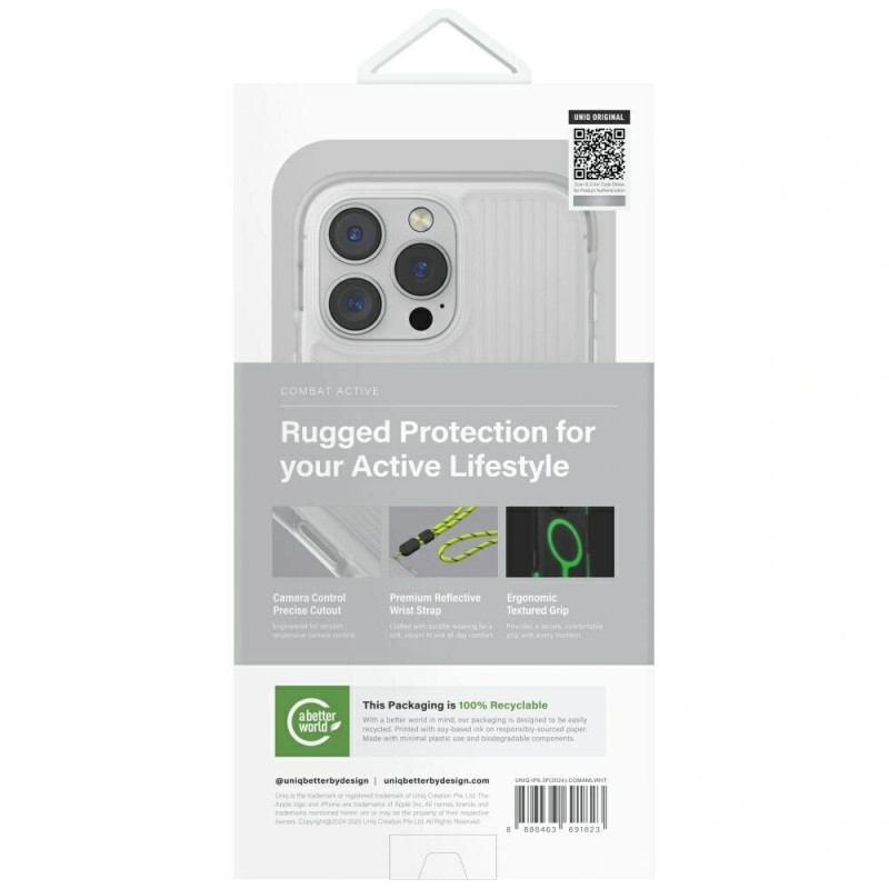 Funda UNIQ Combat Active para Apple iPhone 16 Pro, carga Magclick, blanco luminiscente