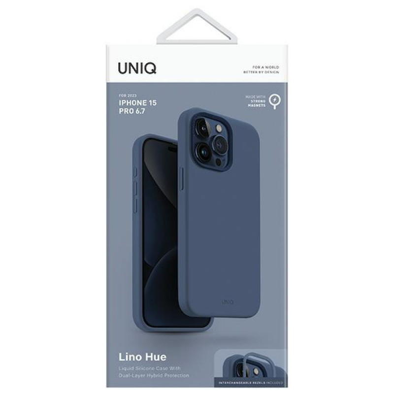 Funda UNIQ Lino Hue para Apple iPhone 15 Pro Max, carga MagClick, azul marino