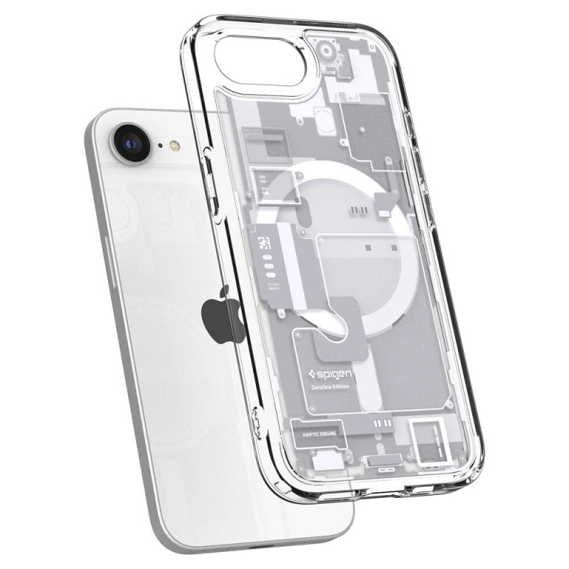 Funda Spigen Ultra Hybrid Mag MagSafe para Apple iPhone 17e / 16e, Zero One, blanca
