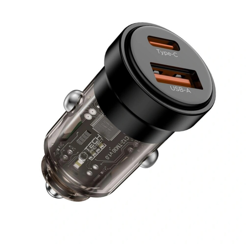 Cargador de coche de 2 puertos Tech-Protect CC03 USB-A / USB-C, PD 30W / QC 3.0, negro