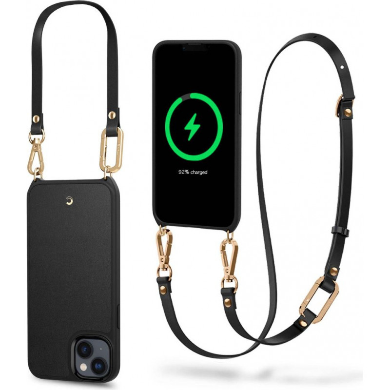 Funda MagSafe Spigen Cyrill Classic Charm Mag (ACS04948) con correa para Apple iPhone 14 Plus / 15 Plus, negra