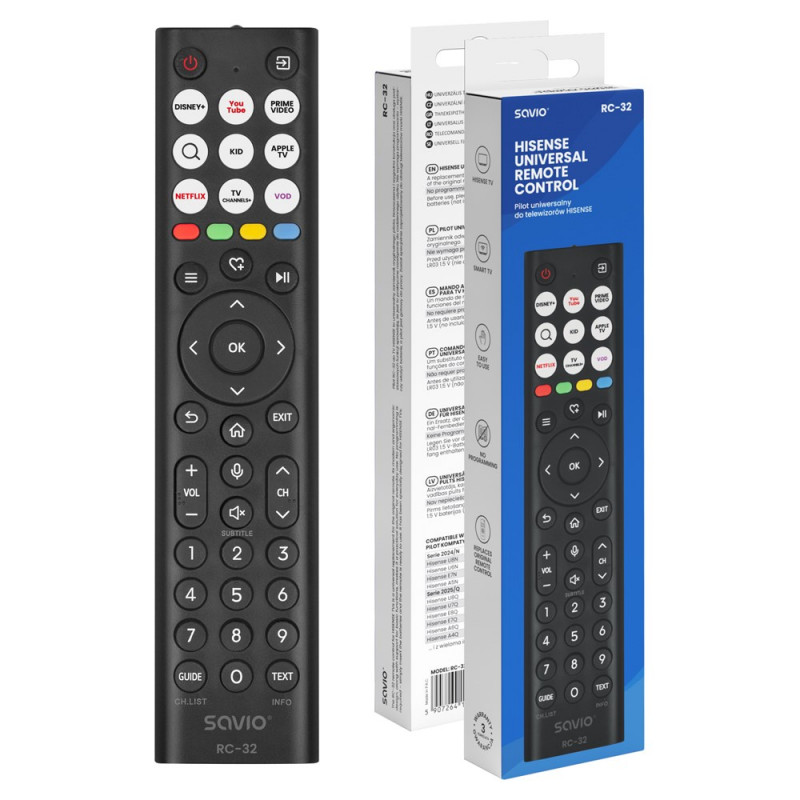 Mando a distancia universal de sustitución Savio RC-32 para TV Hisense
