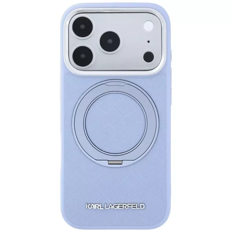 Funda MagSafe Karl Lagerfeld Ring Stand 360 Saffiano Classic Logo para Apple iPhone 18 Pro / 17 Pro, azul claro (KF003175)