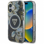 Funda MagSafe Guess Glitter Flowers Triangle Buttons para Apple iPhone 16, negra