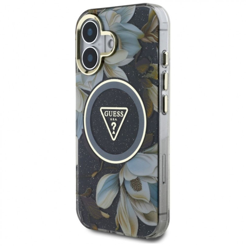 Funda MagSafe Guess Glitter Flowers Triangle Buttons para Apple iPhone 16, negra