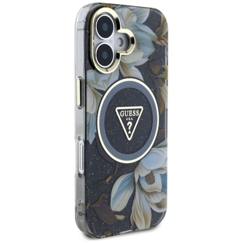 Funda MagSafe Guess Glitter Flowers Triangle Buttons para Apple iPhone 16, negra