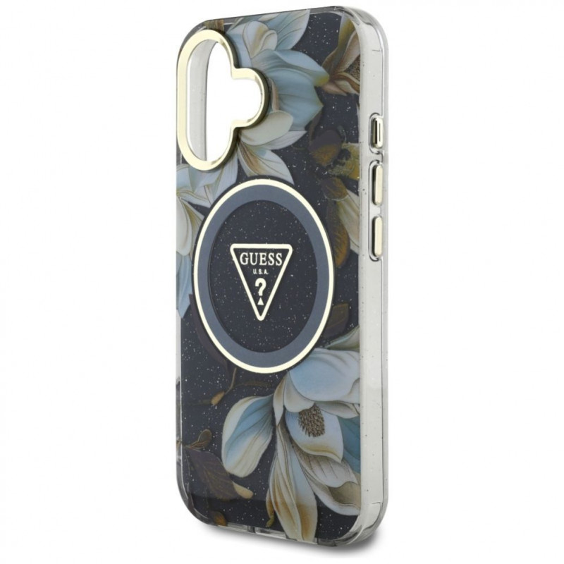 Funda MagSafe Guess Glitter Flowers Triangle Buttons para Apple iPhone 16, negra