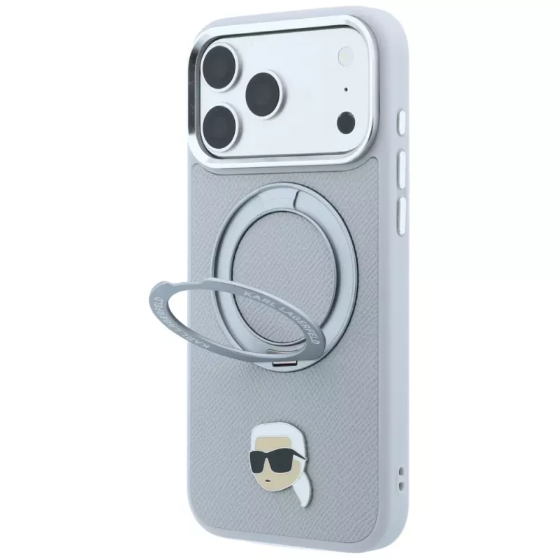 Funda MagSafe Karl Lagerfeld with Ring Stand 360 Karl Head Pin para Apple iPhone 18 Pro / 17 Pro, gris (KF003235)
