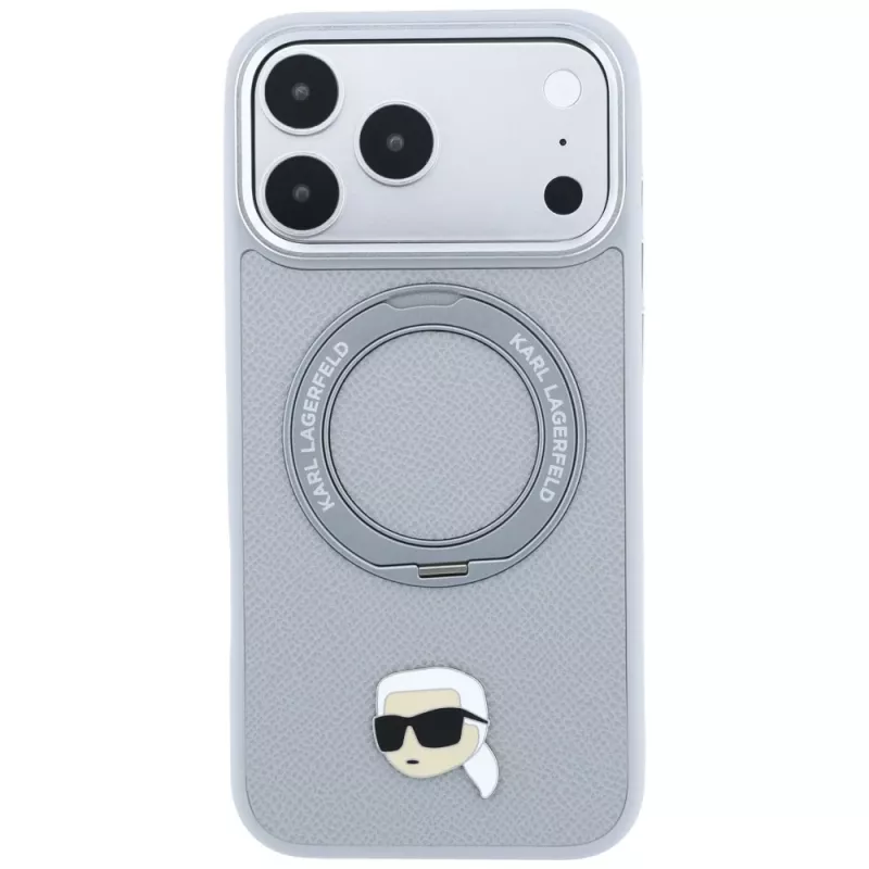 Funda MagSafe Karl Lagerfeld with Ring Stand 360 Karl Head Pin para Apple iPhone 18 Pro / 17 Pro, gris (KF003235)