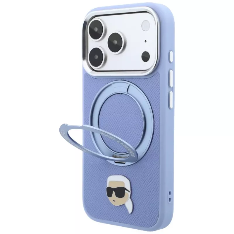Funda MagSafe Karl Lagerfeld with Ring Stand 360 Karl Head Pin para Apple iPhone 18 Pro Max / 17 Pro Max, azul claro (KF003238)