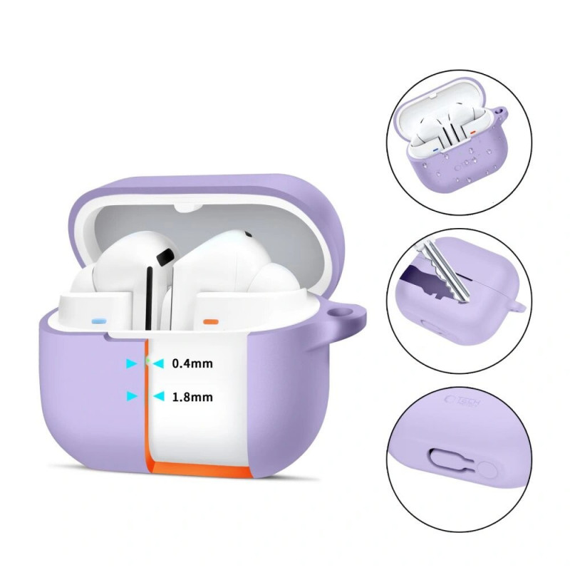 Funda de silicona con mosquetón Tech-Protect para Samsung Galaxy Buds 3 / 3 FE / 3 Pro, lavanda