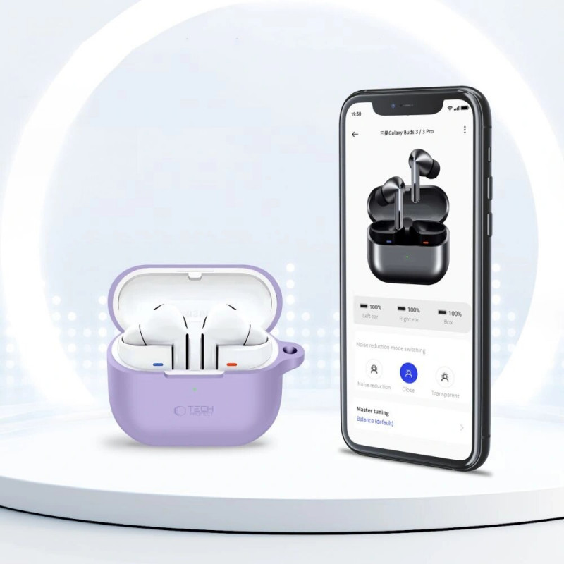 Funda de silicona con mosquetón Tech-Protect para Samsung Galaxy Buds 3 / 3 FE / 3 Pro, lavanda