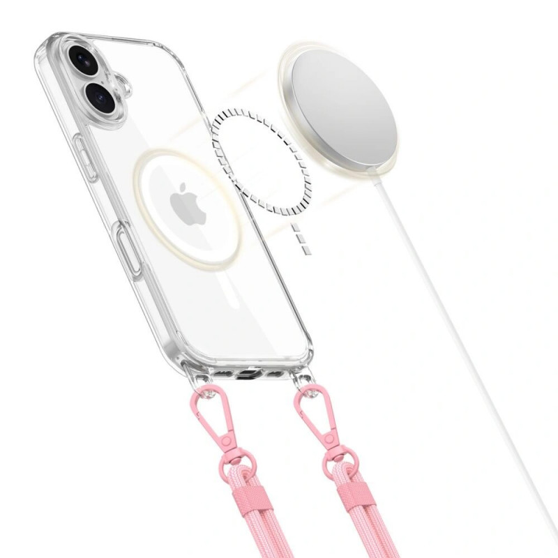 Funda MagSafe Tech-Protect FlexAir Chain para Apple iPhone 16, transparente, con cordones gris y rosa