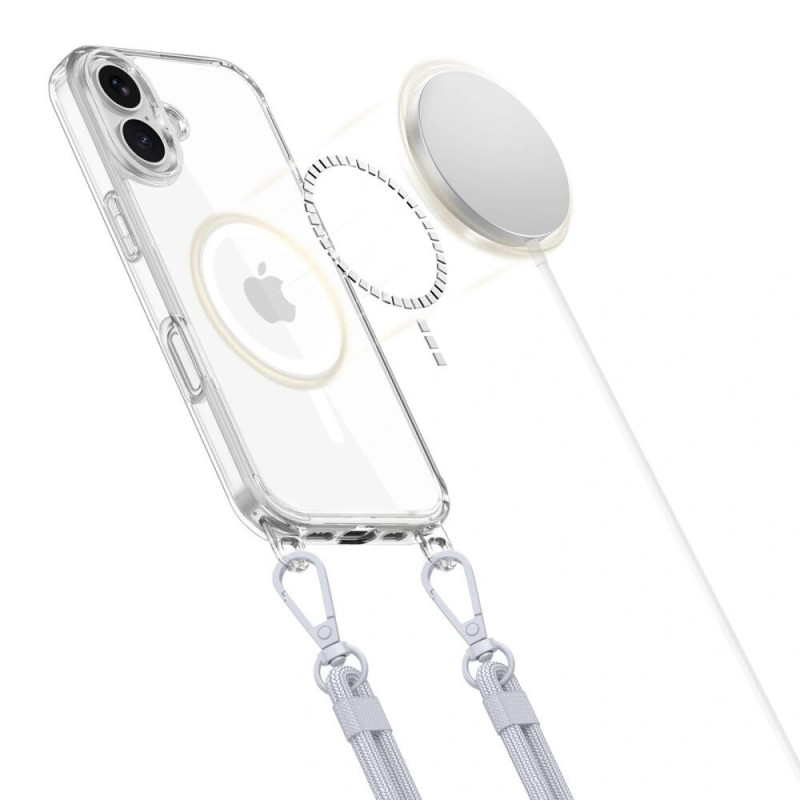 Funda MagSafe Tech-Protect FlexAir Chain para Apple iPhone 16, transparente, con cordones gris y rosa