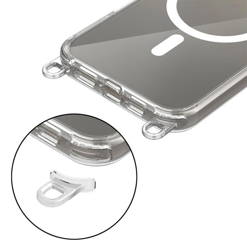 Funda MagSafe Tech-Protect FlexAir Chain para Apple iPhone 16, transparente, con cordones gris y rosa