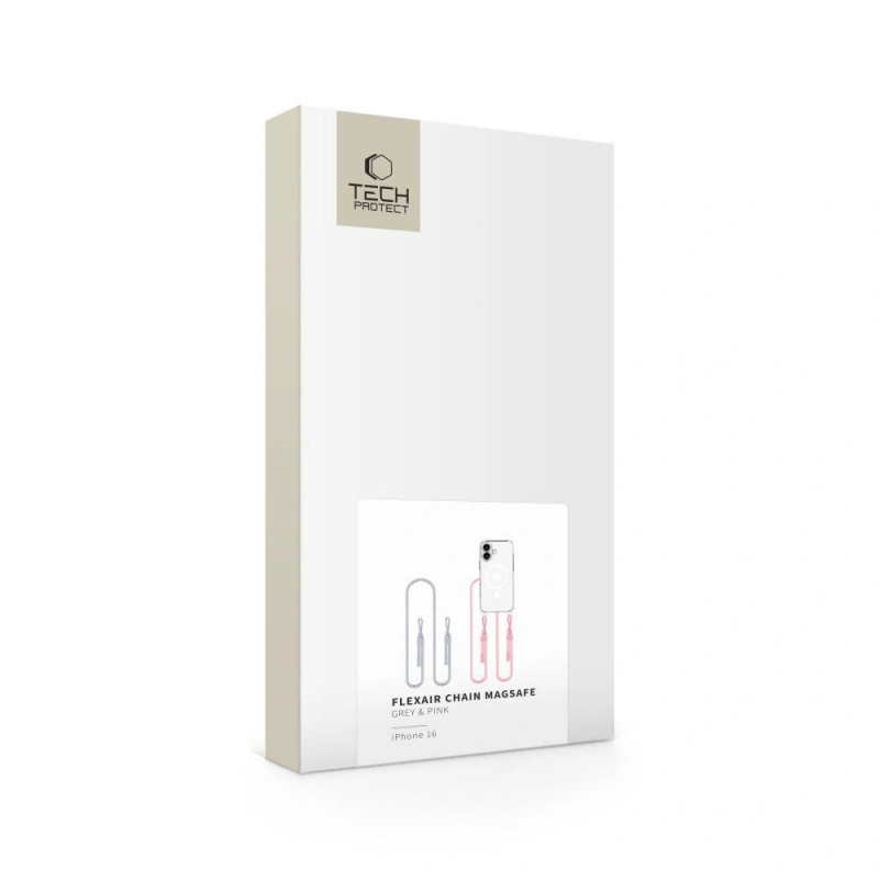 Funda MagSafe Tech-Protect FlexAir Chain para Apple iPhone 16, transparente, con cordones gris y rosa