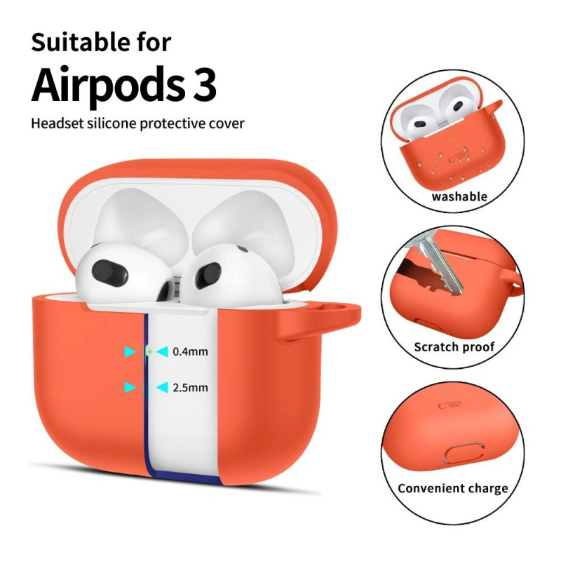 Funda Tech-Protect Silicone Hook de silicona para Apple AirPods 3 con mosquetón, naranja neón