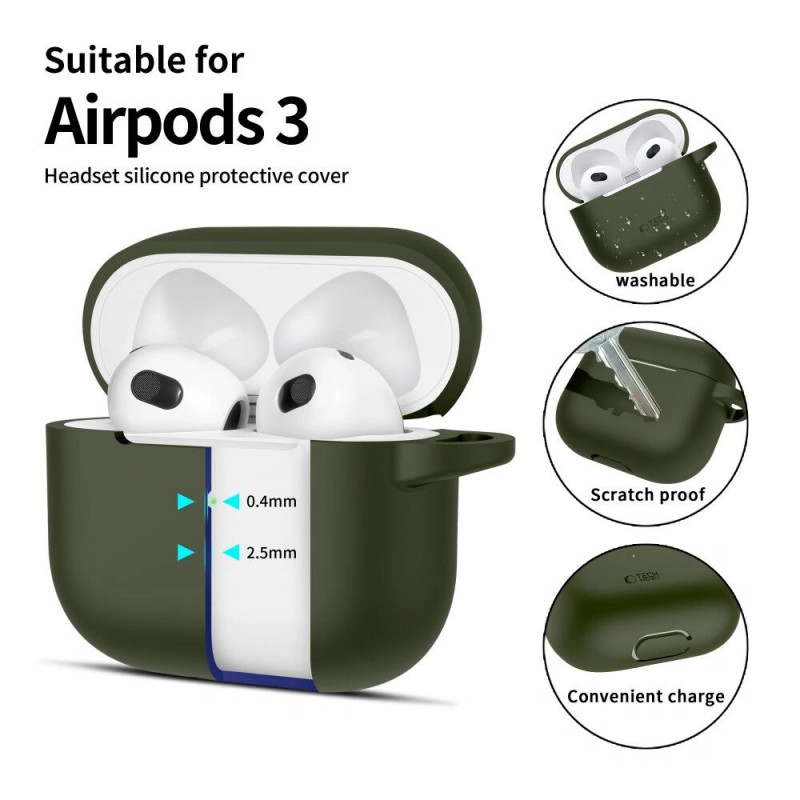 Funda Tech-Protect Silicone Hook de silicona para Apple AirPods 3 con mosquetón, verde oliva