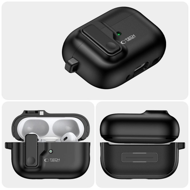 Funda Tech-Protect Slim Hook con mosquetón para Apple AirPods Pro 1 / 2, negra