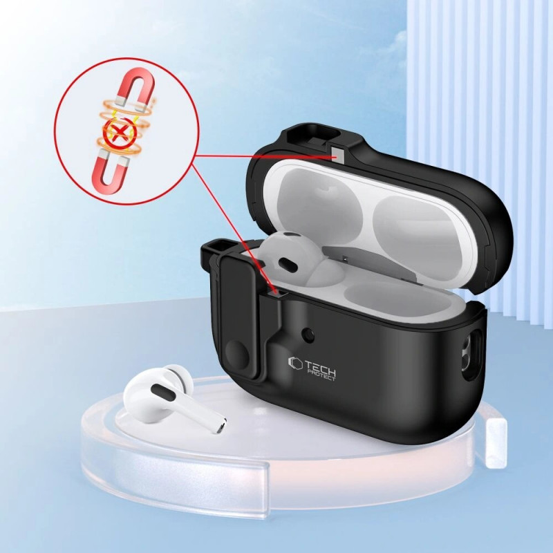 Funda Tech-Protect Slim Hook con mosquetón para Apple AirPods Pro 1 / 2, negra