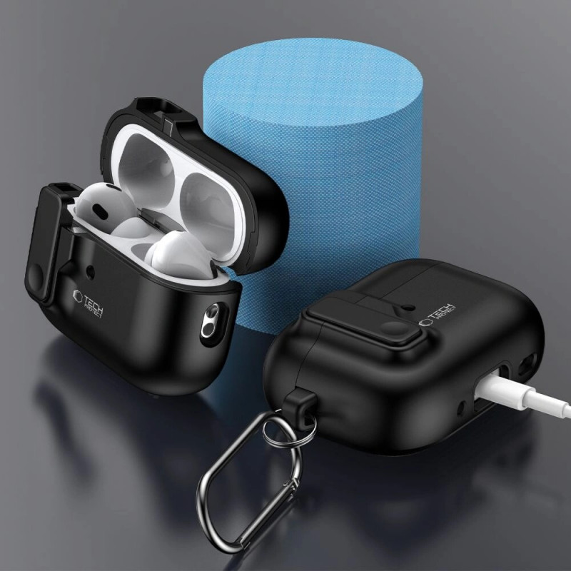 Funda Tech-Protect Slim Hook con mosquetón para Apple AirPods Pro 1 / 2, negra