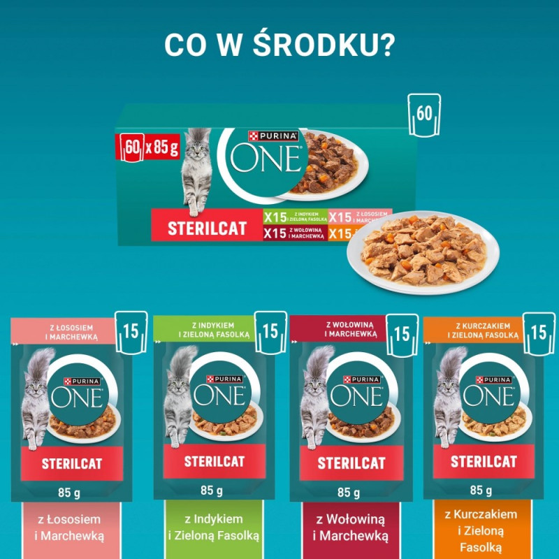 Comida para gatos Purina ONE Sterilcat, ternera y zanahoria, 60 x 85 g