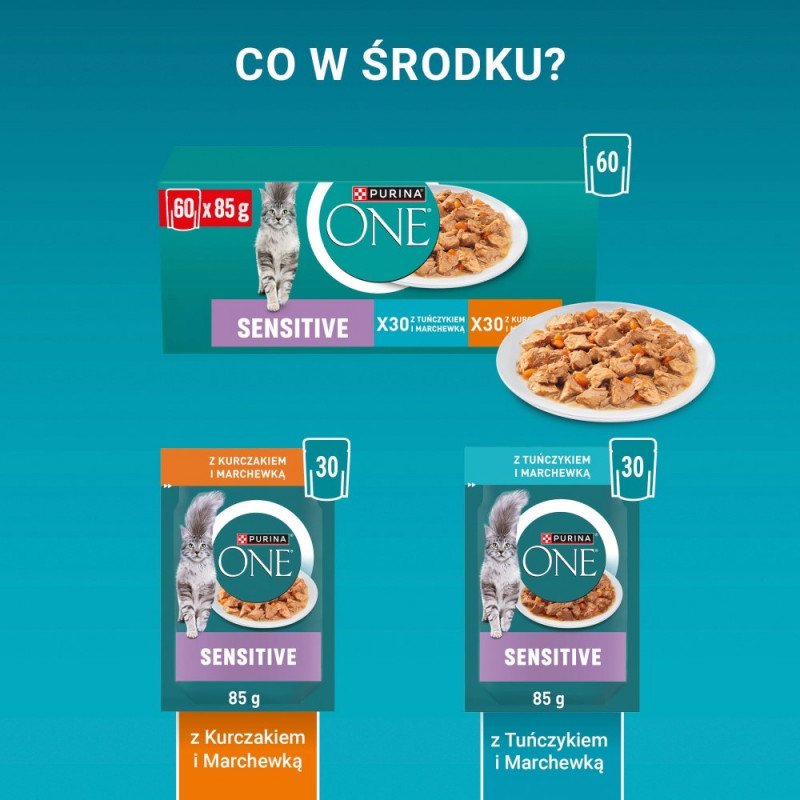 Comida para gatos sensibles Purina ONE, pollo y zanahoria, 60 x 85 g