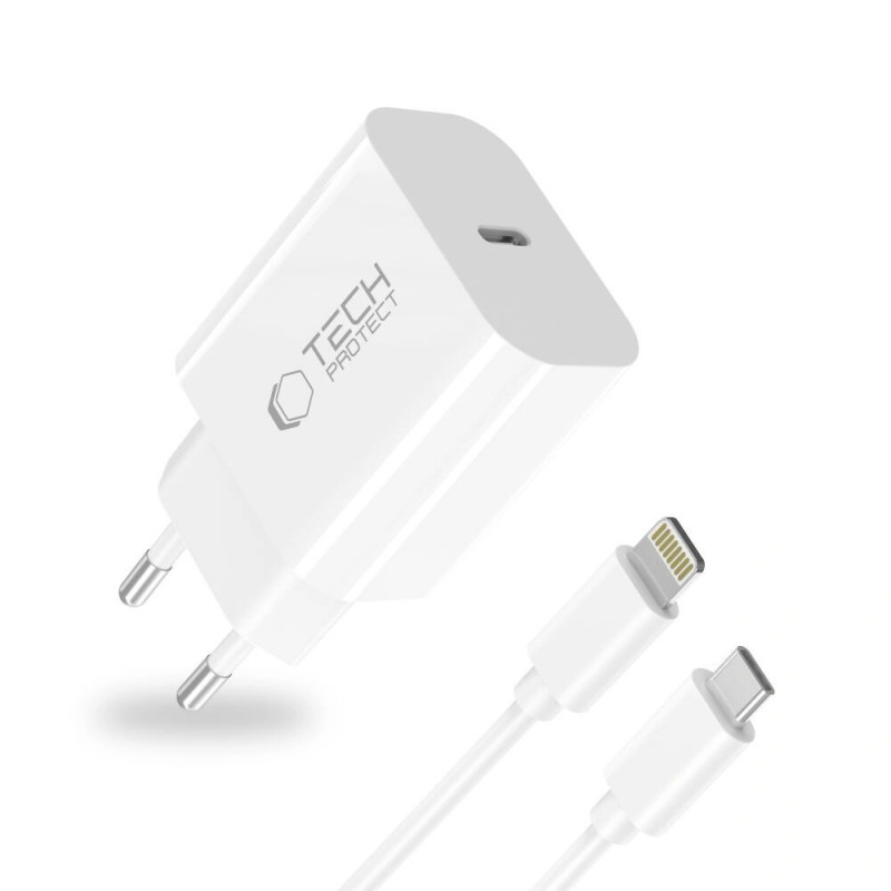 Cargador de pared Tech-Protect NC20W USB-C de 1 puerto PD 20W con cable Lightning, blanco, 100 cm