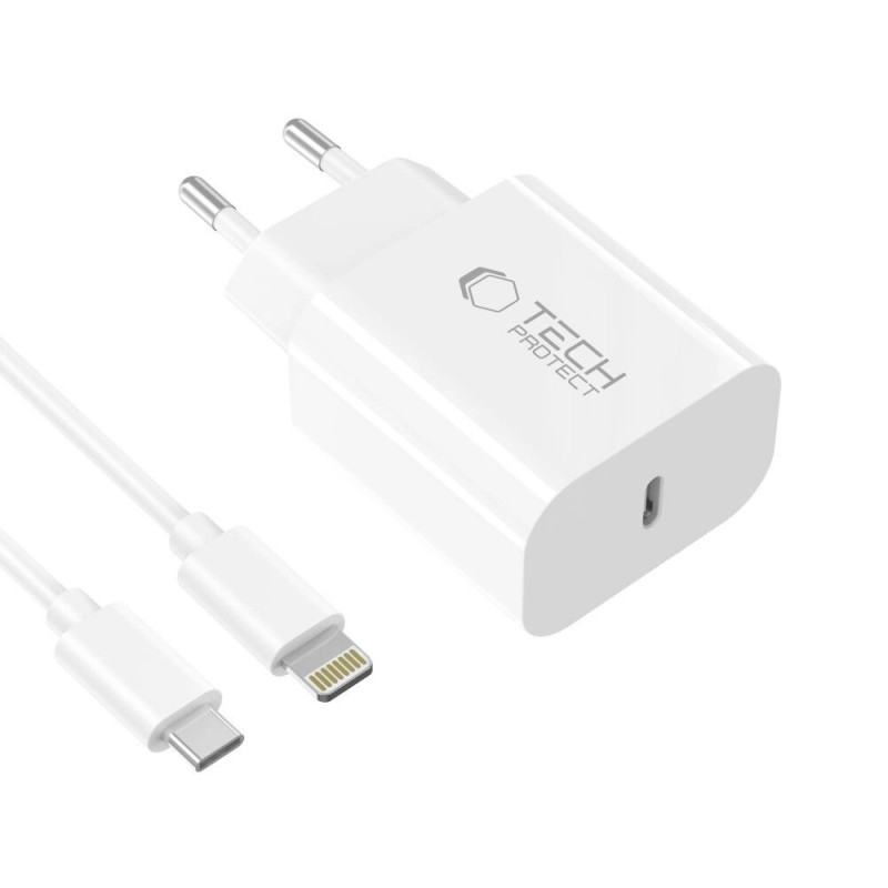 Cargador de pared Tech-Protect NC20W USB-C de 1 puerto PD 20W con cable Lightning, blanco, 100 cm