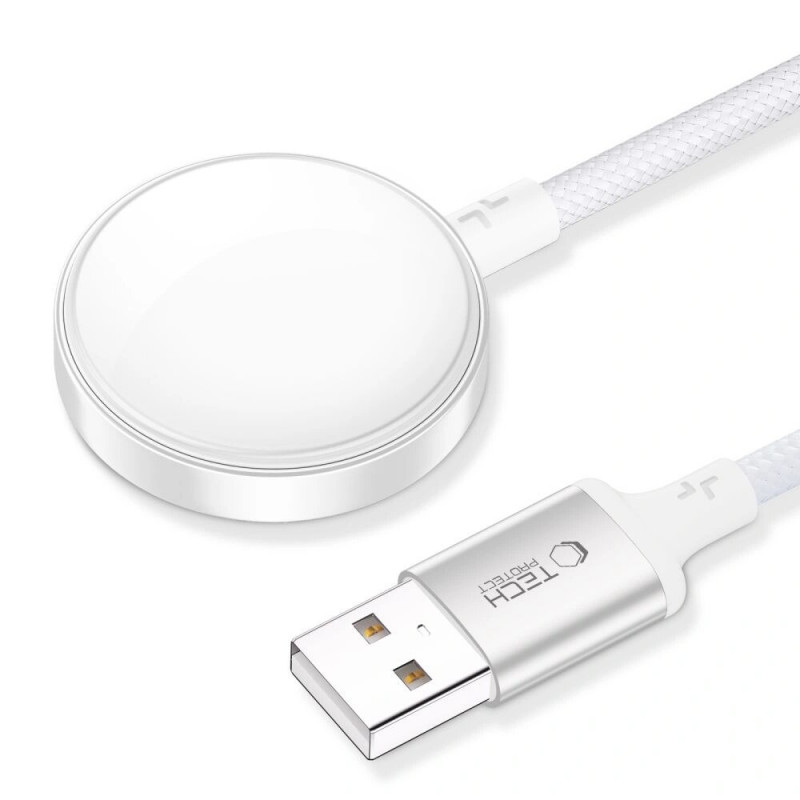 Cargador magnético Tech-Protect MC02 UltraBoost con cable USB-A de 100 cm para Apple Watch, blanco