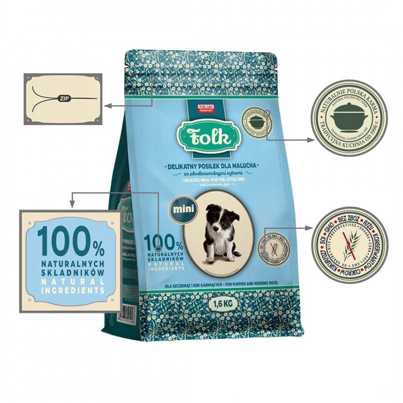 FOLK Comida delicada para cachorros con pescado de agua dulce Mini pienso seco para perros, 1,6 kg