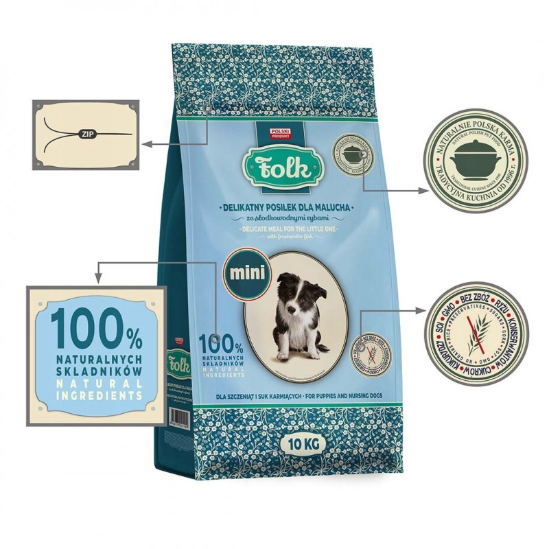 FOLK Comida delicada para cachorros con pescado de agua dulce Mini pienso para perros, 10 kg