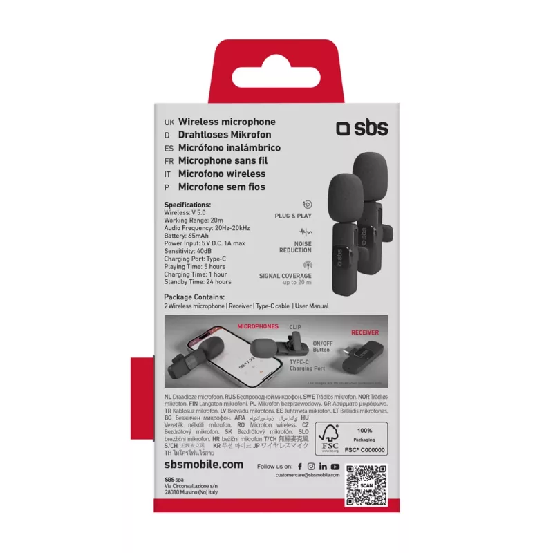 Micrófonos de solapa SBS con receptor USB-C (2 uds.), negro