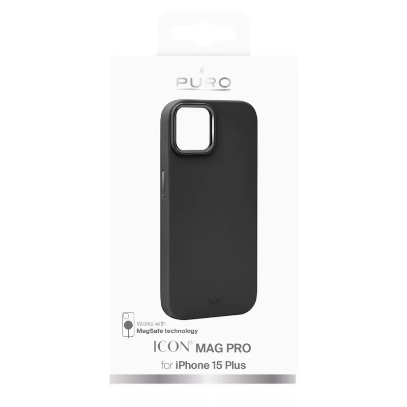 Funda de silicona MagSafe Puro Icon Mag Pro con botones metálicos para Apple iPhone 15 Plus, negra