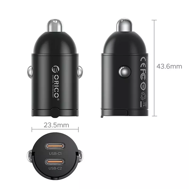 Cargador de coche Orico MiniRing MR-30-2C 30W 2x USB-C, negro