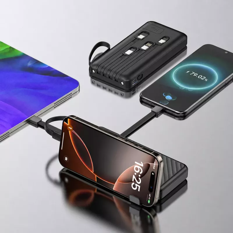 Wozinsky W11-B 10000mAh 10W Power Bank con cables integrados y linterna, negro