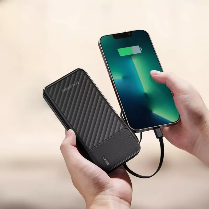 Wozinsky W11-B 10000mAh 10W Power Bank con cables integrados y linterna, negro