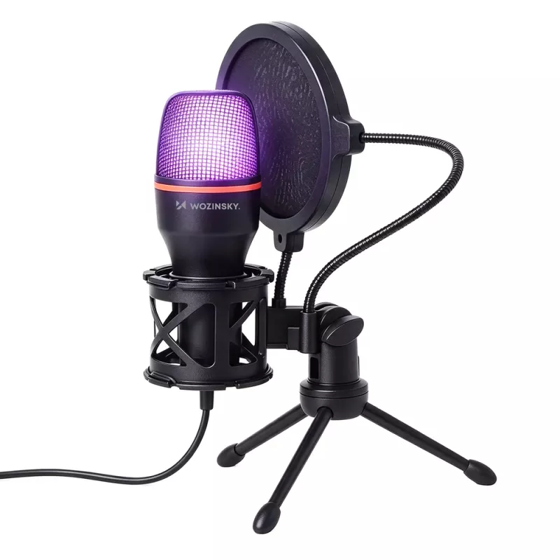 Micrófono de estudio gaming alámbrico Wozinsky WM-W111 con soporte y retroiluminación RGB, negro