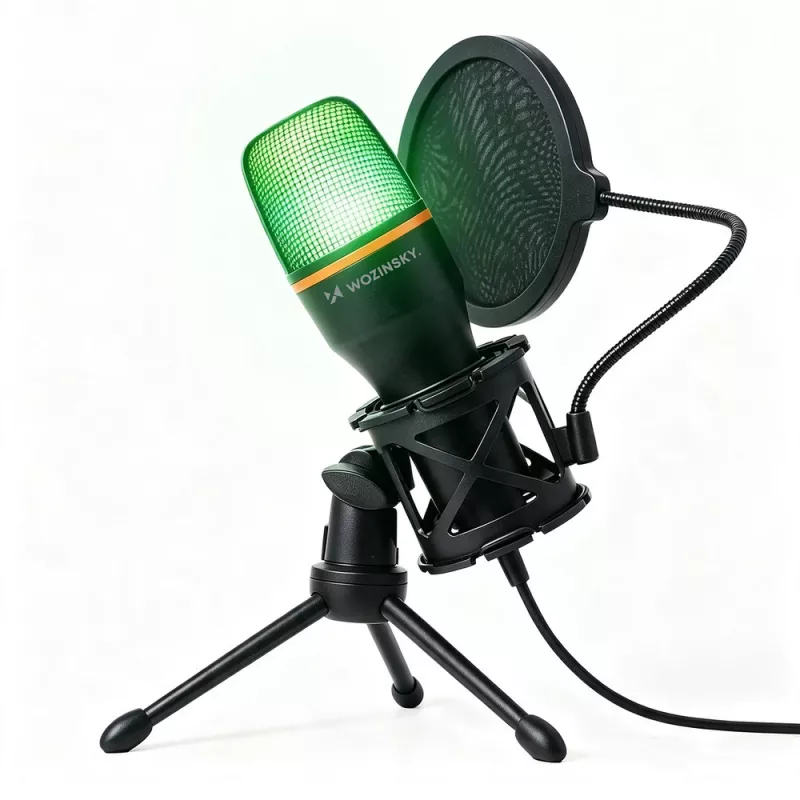 Micrófono de estudio gaming alámbrico Wozinsky WM-W111 con soporte y retroiluminación RGB, negro