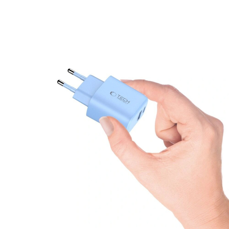 Cargador de red Tech-Protect NCA30 USB-A, USB-C PD 30W / QC3.0 azul bebé