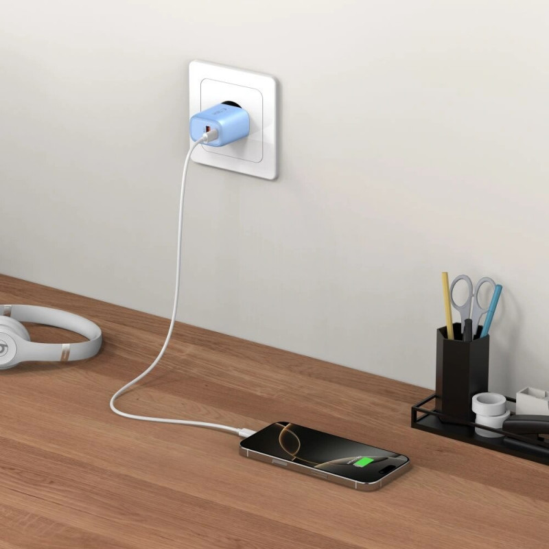 Cargador de red Tech-Protect NCA30 USB-A, USB-C PD 30W / QC3.0 azul bebé