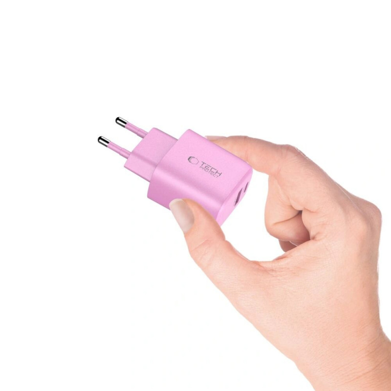 Tech-Protect NCA30 Cargador de red USB-A, USB-C PD 30W / QC3.0 Rosa bebé