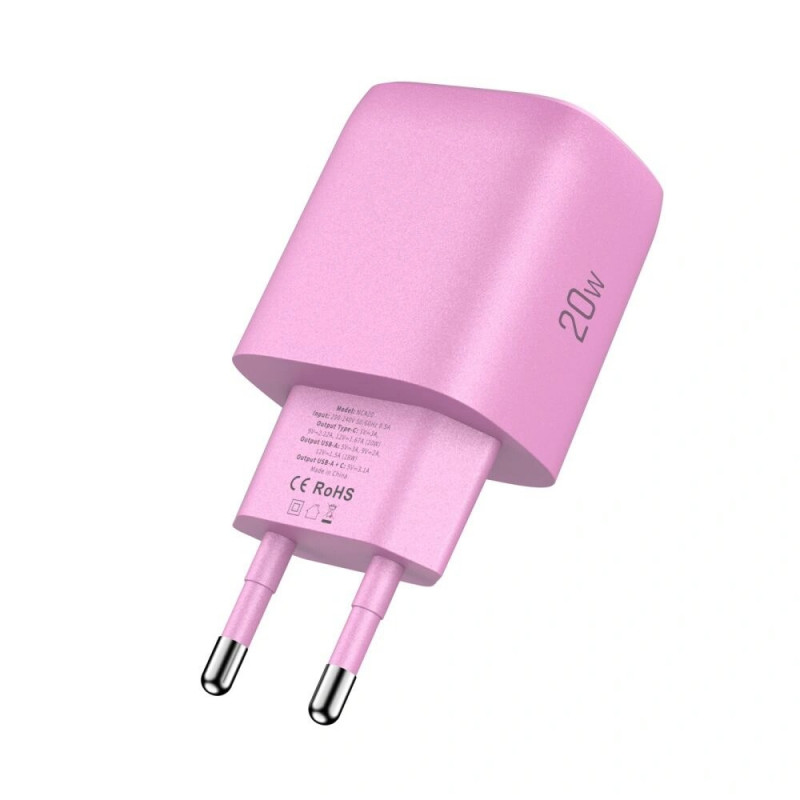 Cargador de pared Tech-Protect NCA20 USB-A / USB-C PD 20W / QC3.0, rosa bebé