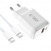 Cargador de pared Tech-Protect NCA20 USB-A / USB-C PD 20W / QC3.0 con cable USB-C / USB-C de 100 cm, blanco